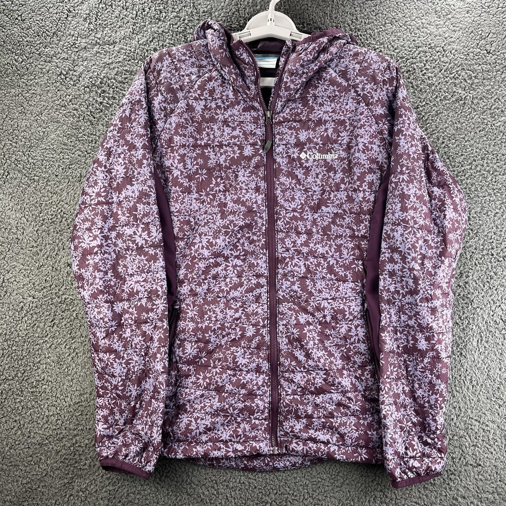 Columbia Jacket Purple Womens Medium Floral Full Zip Hooded Lightweight‎ Pockets